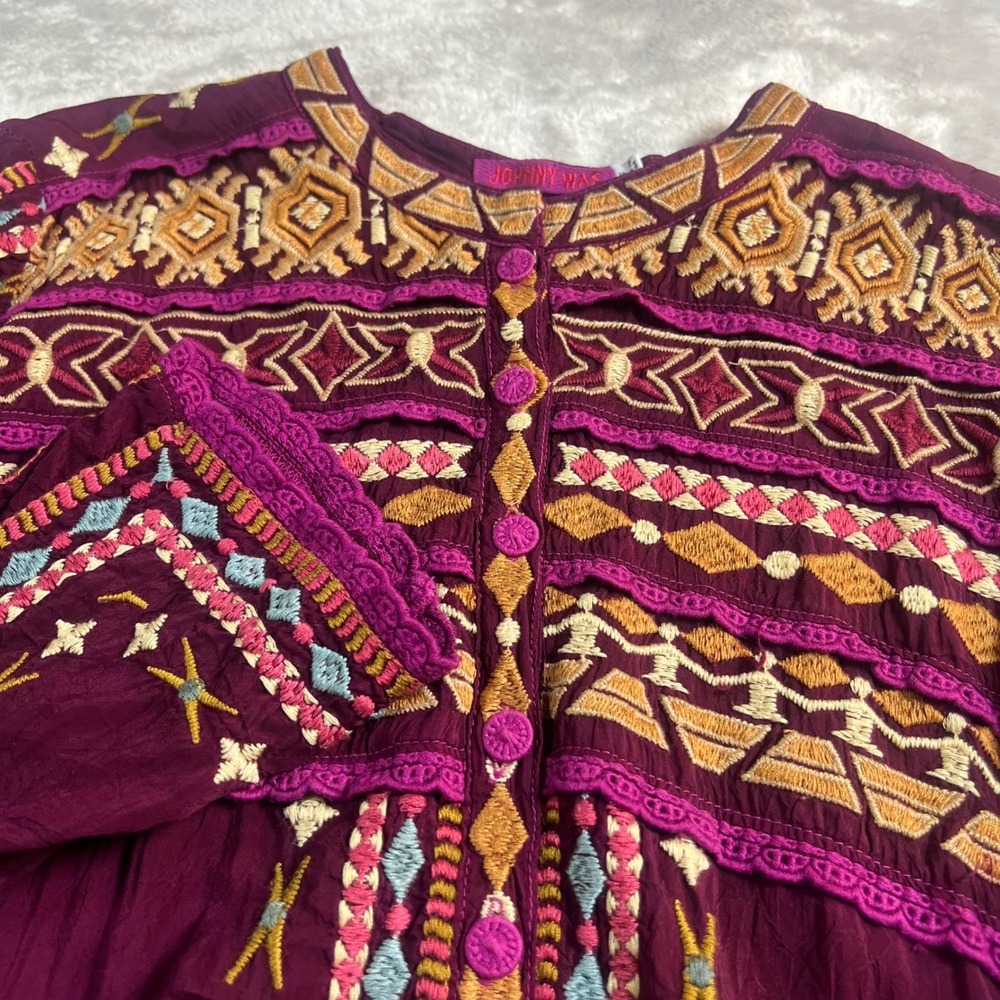 Johnny Was Women's XS Dover Blouse Purple Embroidered Floral Boho Button Up Top